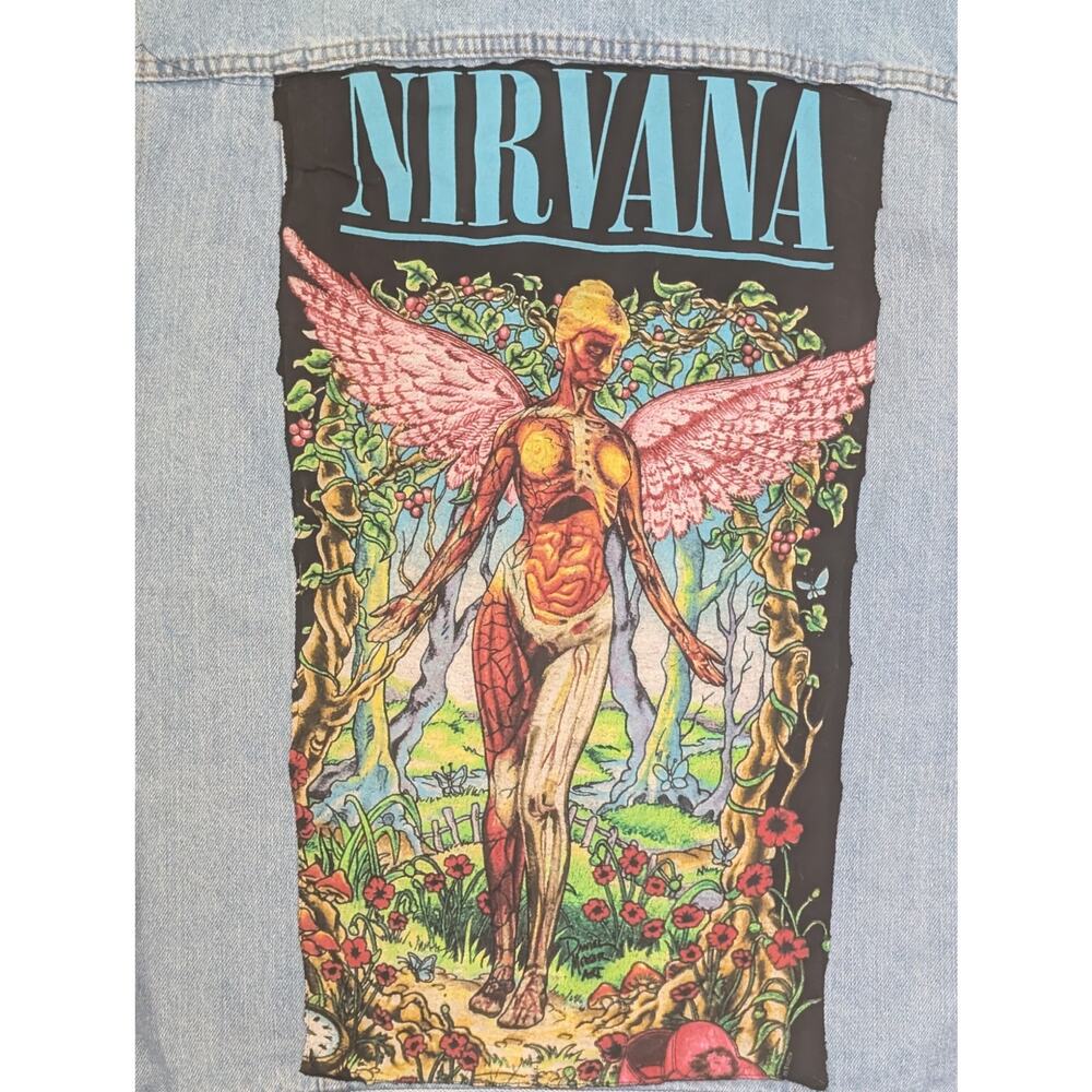 Nirvana In Utero Denim‎ Vest Grunge Rock Band Patch Sleeveless Jean Jacket Men M - Picture 3 of 7